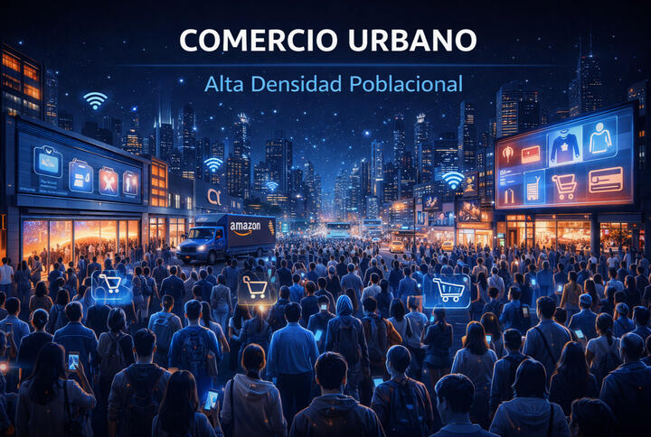 Escena de comercio urbano con alta densidad poblacional, tiendas, servicios y actividad económica en una ciudad moderna que representa el potencial comercial de zonas urbanas como Iztapalapa.