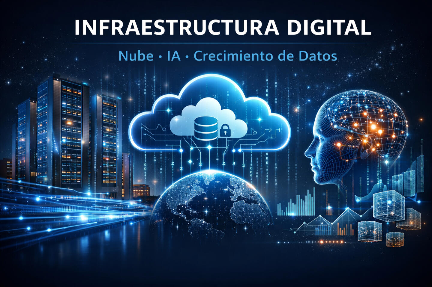 Infraestructura digital moderna con centros de datos, computación en la nube e inteligencia artificial impulsando el crecimiento global de datos y servicios digitales.